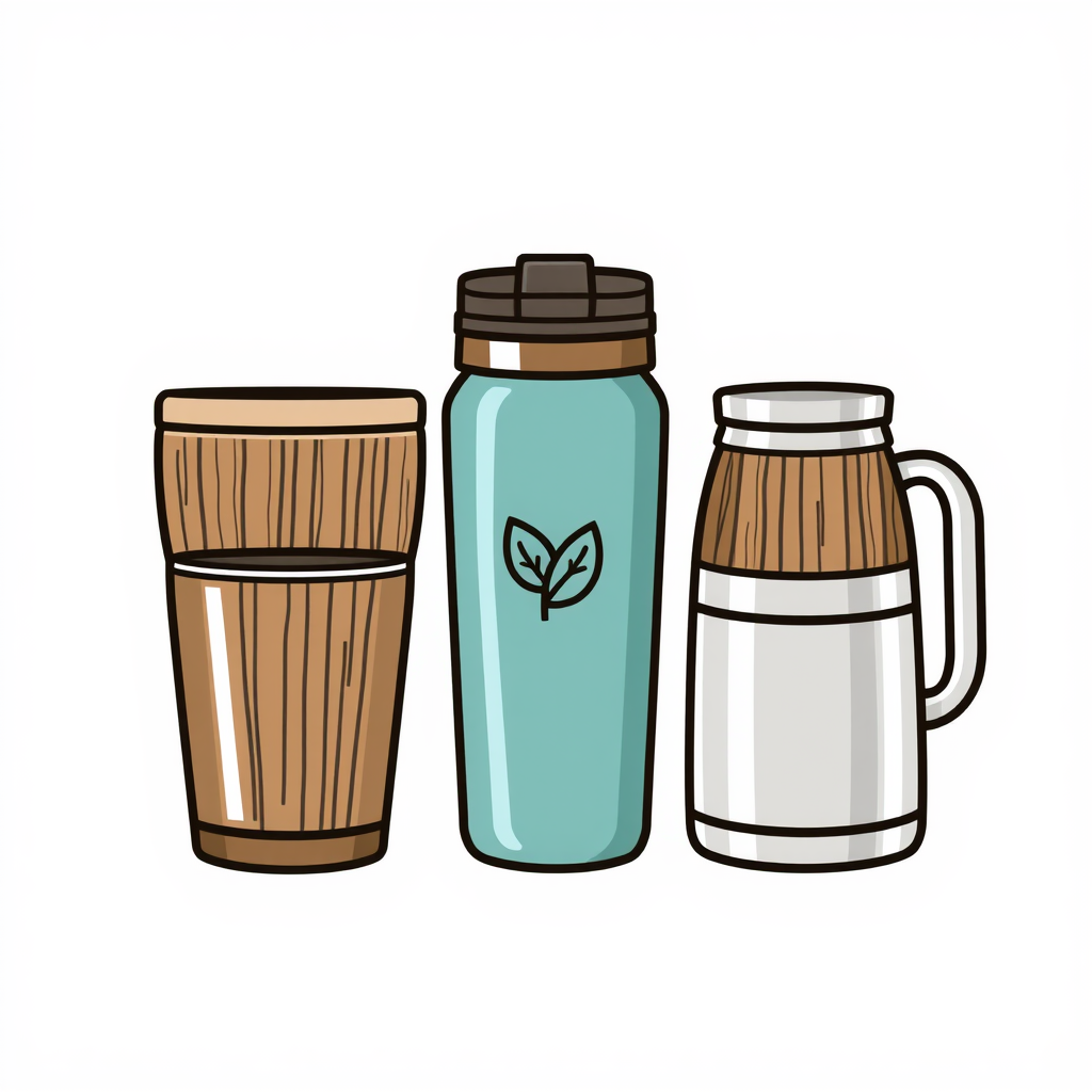 Feature reusable containers: Icons depicting stylish reusable travel mugs, water bottles, or growlers with subtle eco-motifs like an embossed leaf or natural textures (wood, metal), emphasizing durability and waste reduction.