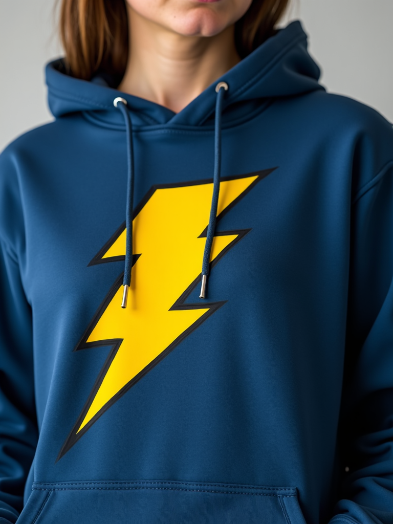 Close-up of a navy hoodie featuring classic cartoon hero design with a bold lightning logo on the chest.