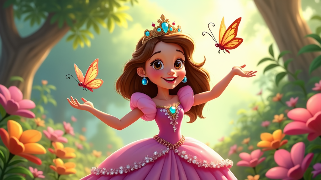 A princess with oversized, sparkling eyes and a wide, friendly smile, surrounded by cartoonish flowers and butterflies.