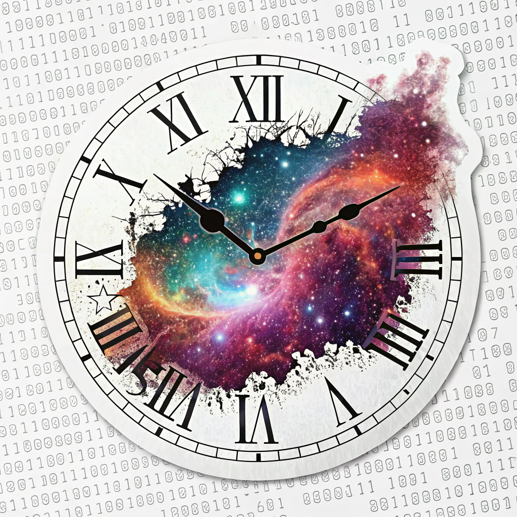 A clock face melting into a vibrant, pixelated nebula, with binary code subtly woven into the background.