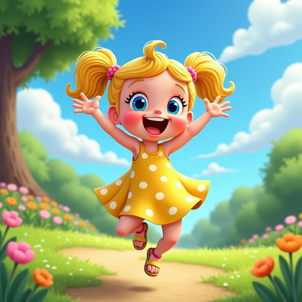  a cartoon girl with blonde hair and blue eyes, wearing a yellow dress with white polka dots. She is standing on a dirt path in a garden with colorful flowers and trees in the background. The girl has a big smile on her face and her arms are stretched out to the sides, as if she is dancing or jumping. She has two pink bows in her hair and is wearing pink sandals. The sky is blue with white clouds and the overall mood of the image is cheerful and playful.