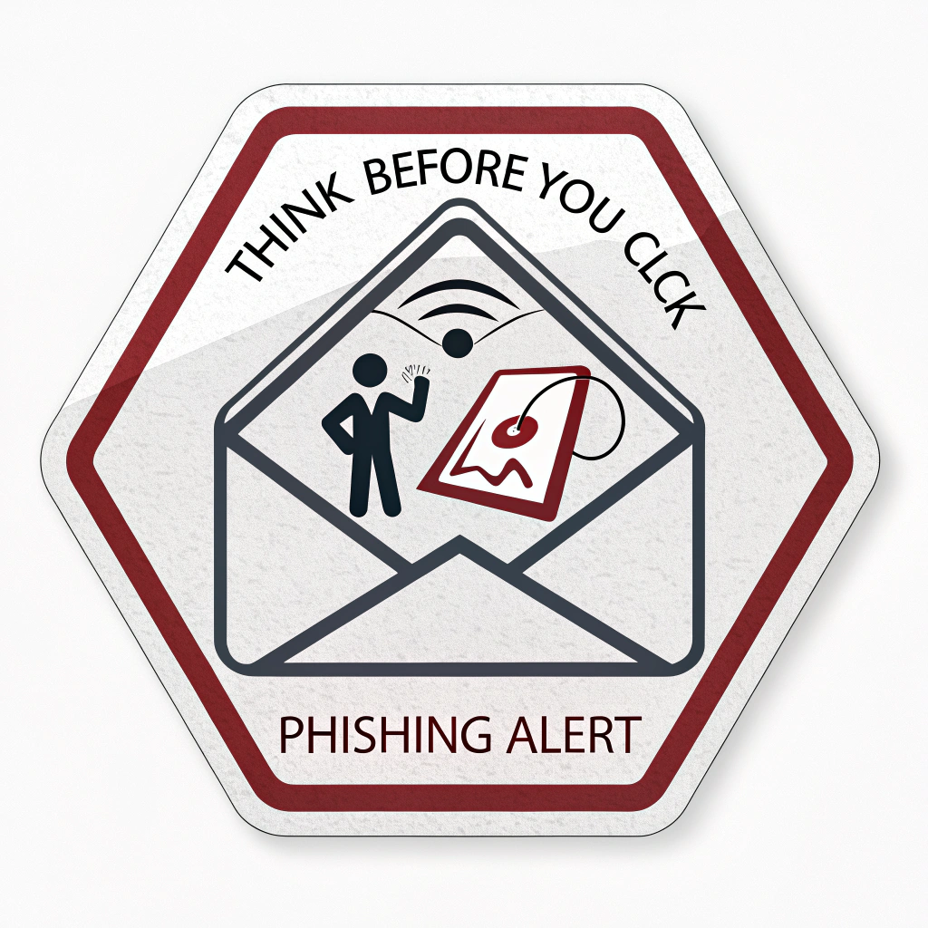 Sticker Sub-Design 3: A classic octagonal (stop sign shape) or triangular (warning sign shape) sticker. Inside, a simple graphic representation of a suspicious email. Text 'Think Before You Click' and 'Phishing Alert' framing the graphic.