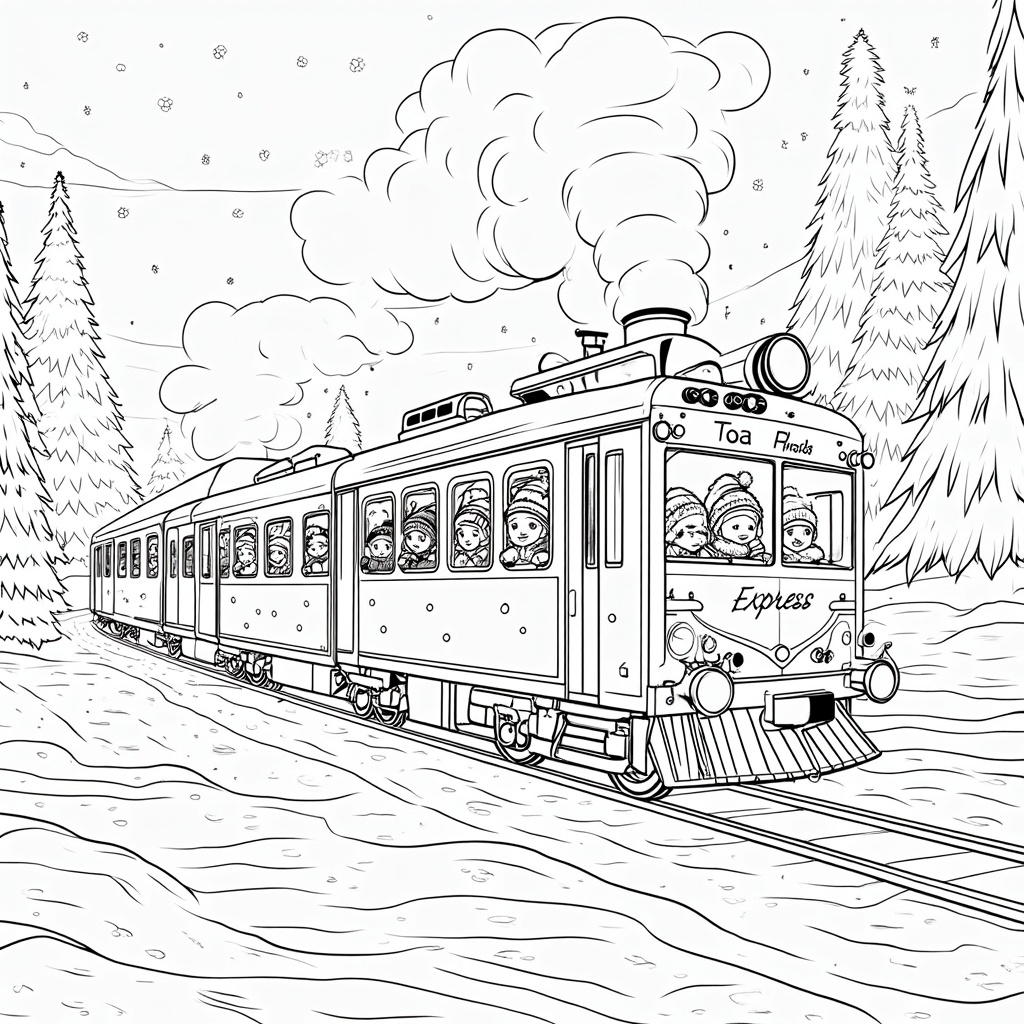 The image shows a train traveling through a snowy forest, with people inside the train and smoke billowing from the engine. The trees are covered in a blanket of snow, and the train is surrounded by a peaceful winter landscape.