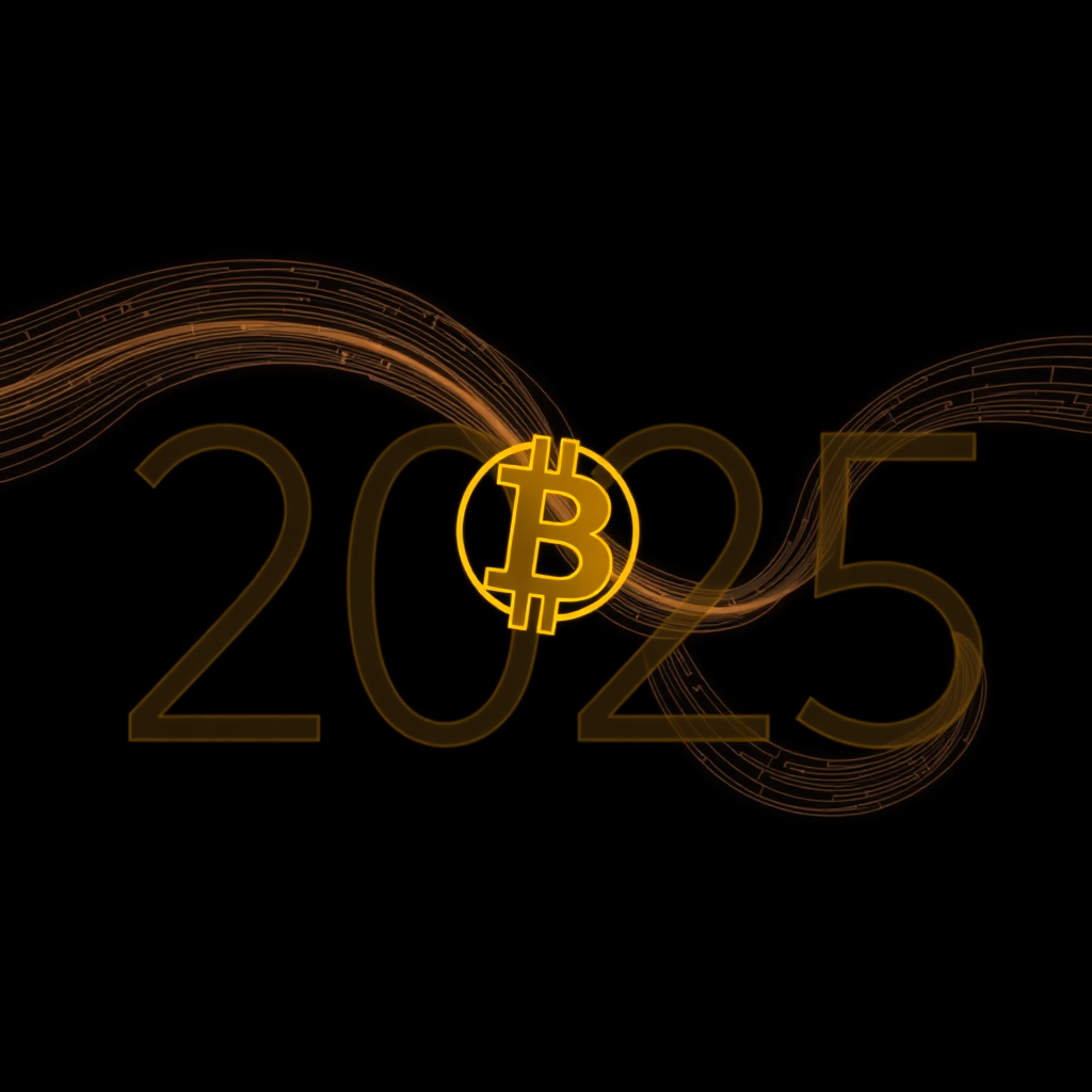 Digital Flow '2025': '2025' is rendered with flowing, dynamic lines suggesting digital data streams or pathways. The Bitcoin 'B' symbol is subtly integrated as a connecting node or emerges from the convergence of these lines within the numerals.
