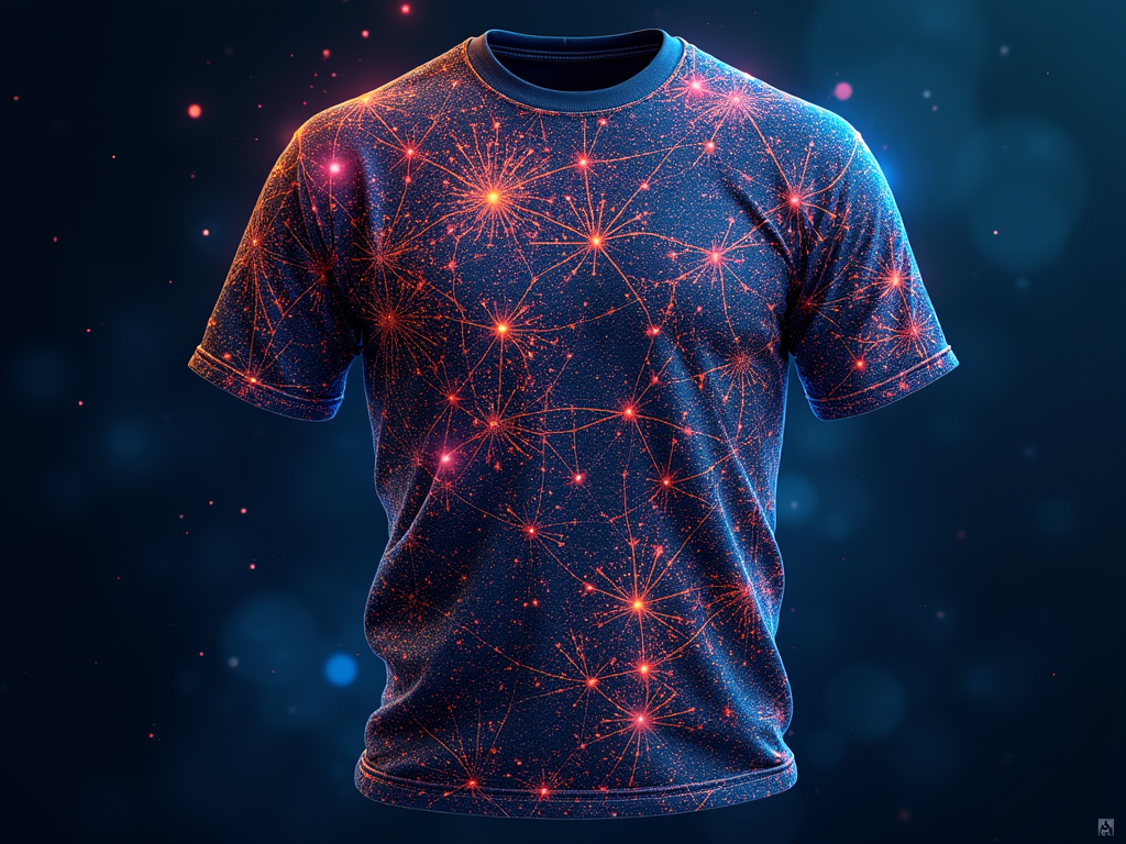 An intricate artwork for a T-shirt depicting a stylized neural network, with nodes and connections organically branching out into forms resembling bioluminescent flora or coral, with 'AI Designed Apparel' subtly integrated within the network lines.