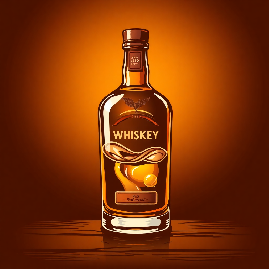 The image is a digital illustration of a bottle of whiskey. The bottle is made of glass and has a cork stopper. The label on the bottle is orange in color and has the word WHISKEY written in bold white letters. Below the word, there is an illustration of an eagle with its wings spread wide. The eagle is holding a golden ball in its talons. The background is a gradient of orange and brown, creating a warm and inviting atmosphere. The overall design is simple and minimalistic.