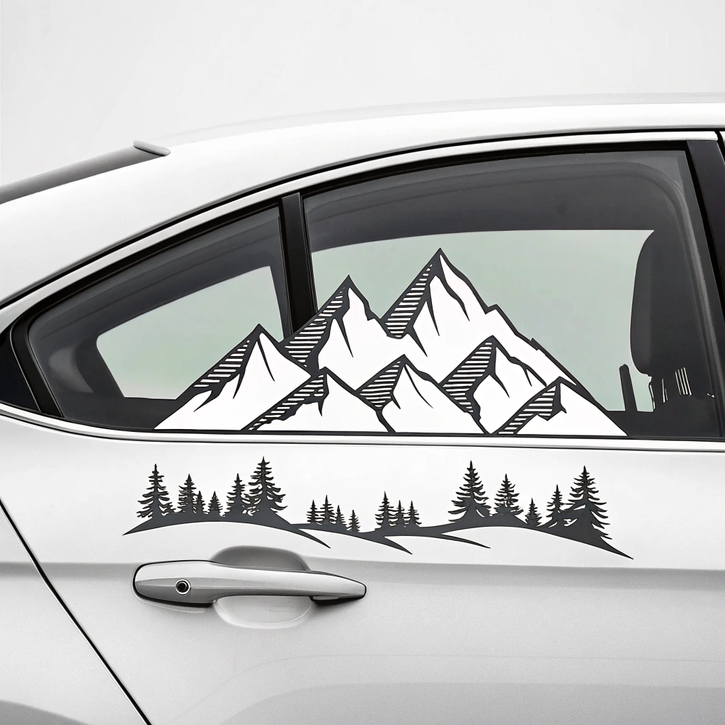 A minimalist mountain range silhouette sticker for cars.