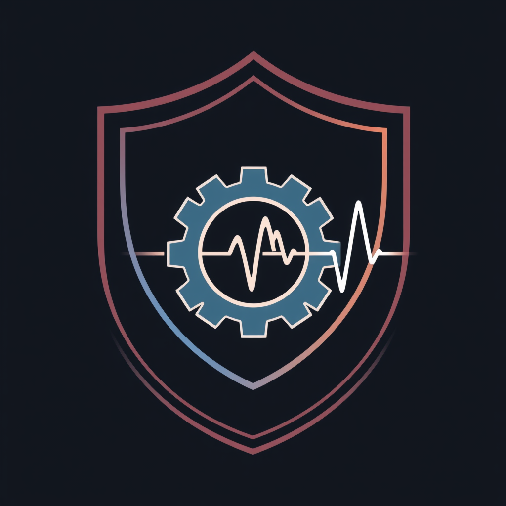 Use a shield outline (representing safety and protection). Inside the shield, depict a gear graphic partially morphing or connected to a flowing heartbeat line.