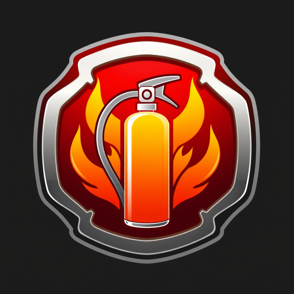 Shield emblem incorporating a fire extinguisher and stylized flames, conveying protection.