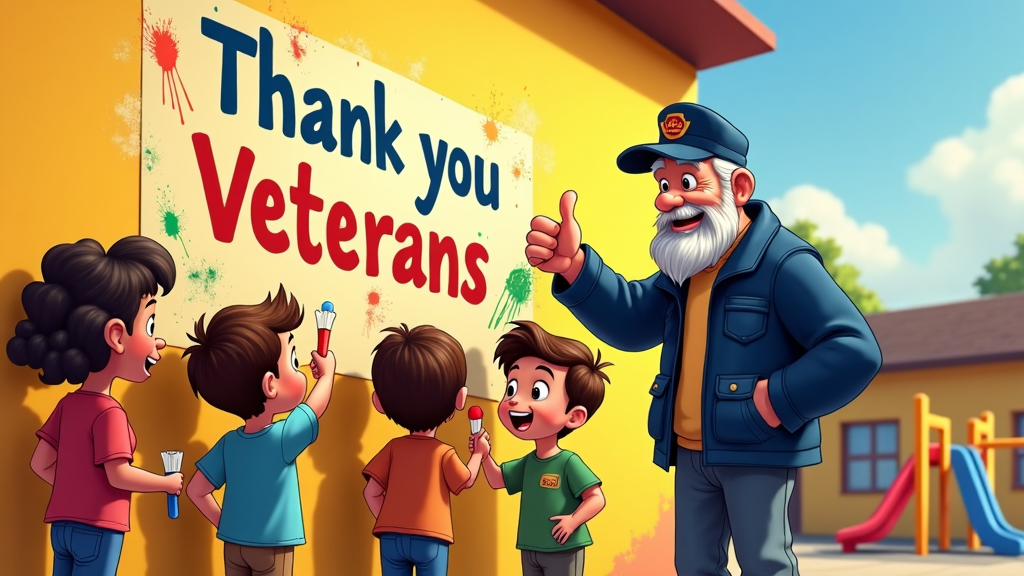 An engaging scene where a veteran helps children paint a huge 'Thank You Veterans' mural on a school's outer wall. Paint splatters in various colors add a lively touch, and children laugh and cooperate eagerly. The veteran gives a thumb-up, filled with appreciation for their creative tribute.