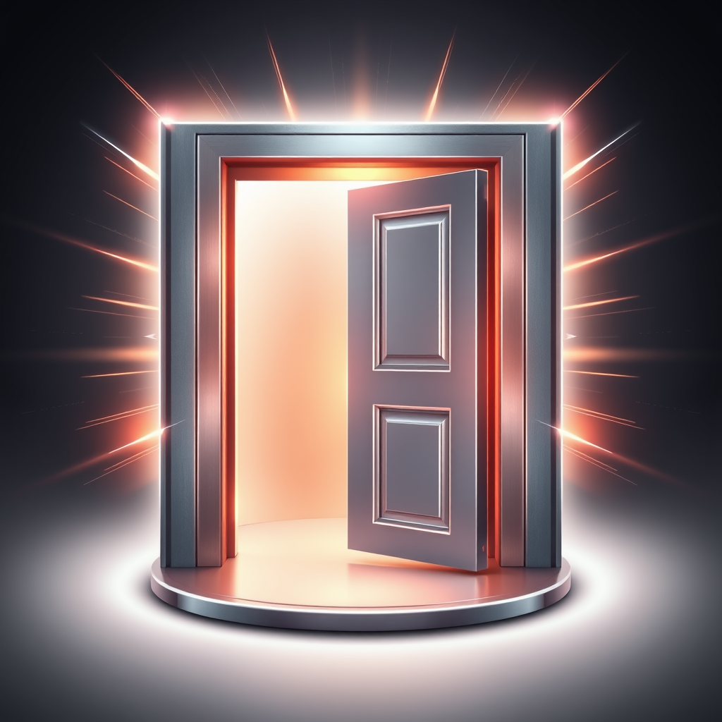 A dynamic icon with a door that seems to be opening outwards in a perspective view, with glowing energy emanating from the opening to give the sense of a portal. The door material has a metallic look.