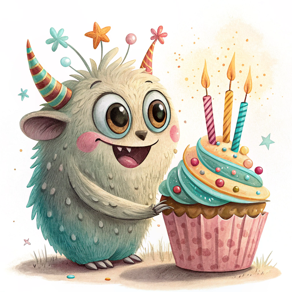 A sticker depicting a whimsical creature blowing out candles on a cupcake.