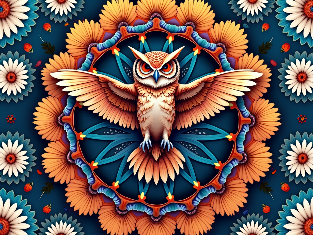 Mandala Synthesis: A symmetrical mandala design with the Kinetic Owl at its core. Daisy petals and floral motifs form intricate, repeating patterns radiating outwards, symbolizing unity and the festival's energy.