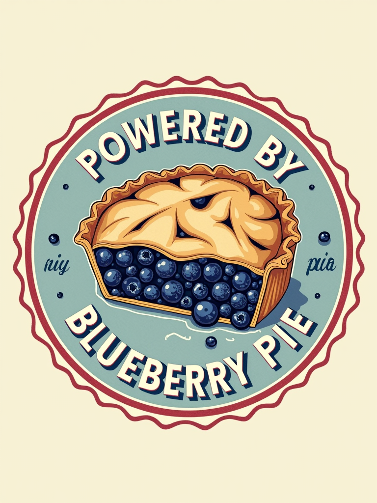 A retro-inspired design using a vintage font for 'Powered by Blueberry Pie', perhaps within a circular badge or alongside a simple, classic illustration of a whole blueberry pie.