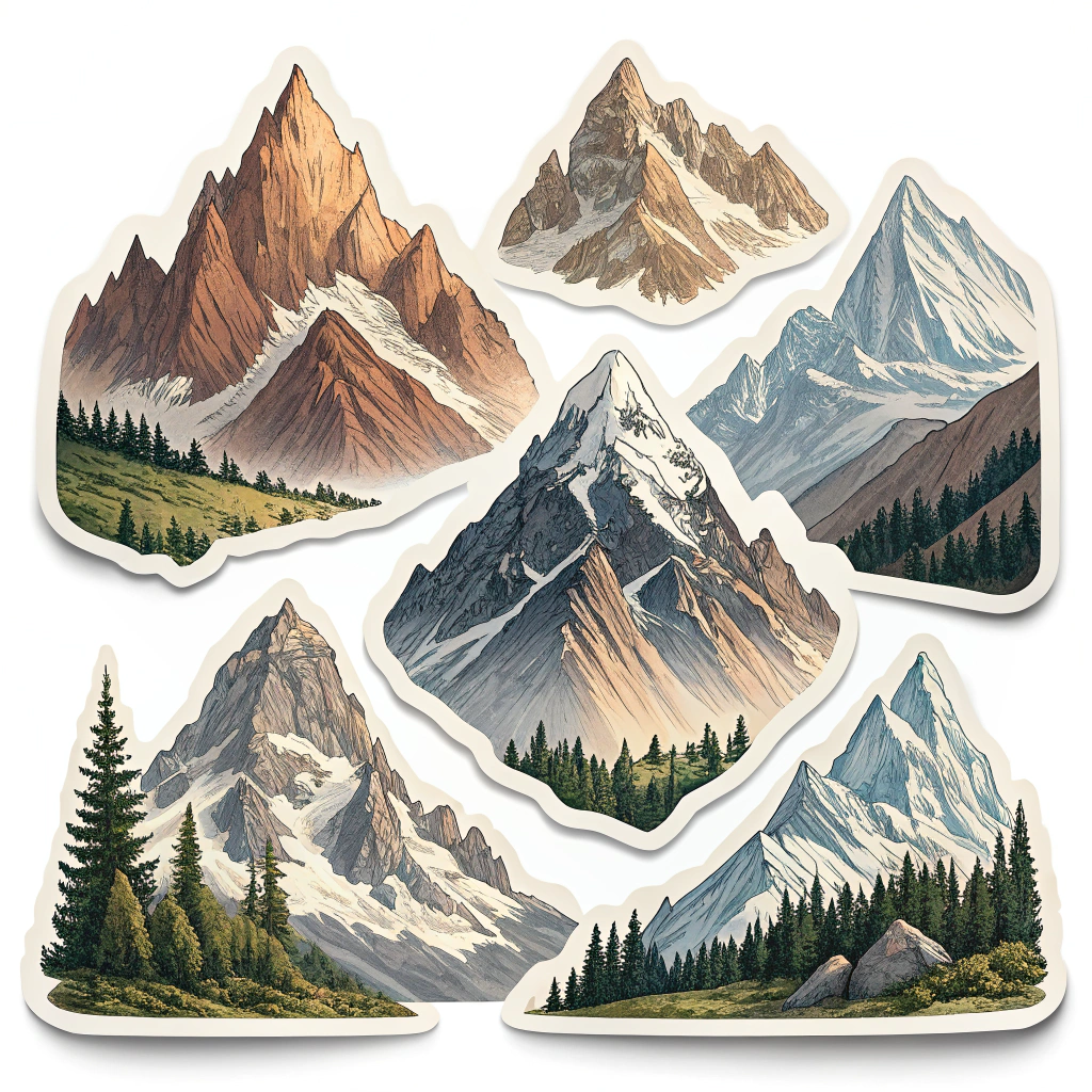 A set of individual mountain peak stickers that can be arranged.