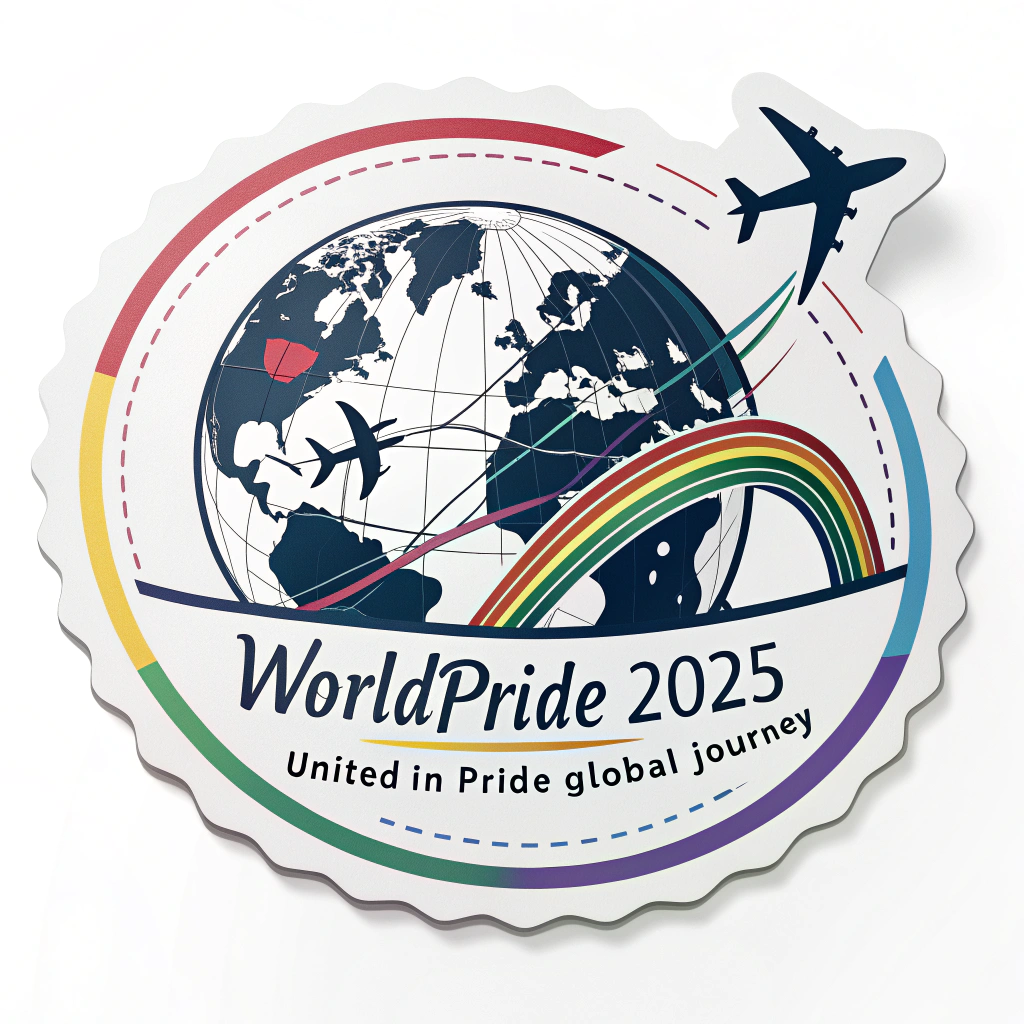 Sub Design Idea 2: Global Connections Stamp - A circular stamp depicting a stylized globe with rainbow-colored flight paths connecting continents, symbolizing the global journey. Text: 'WorldPride 2025 - United in Pride - Global Journey'.