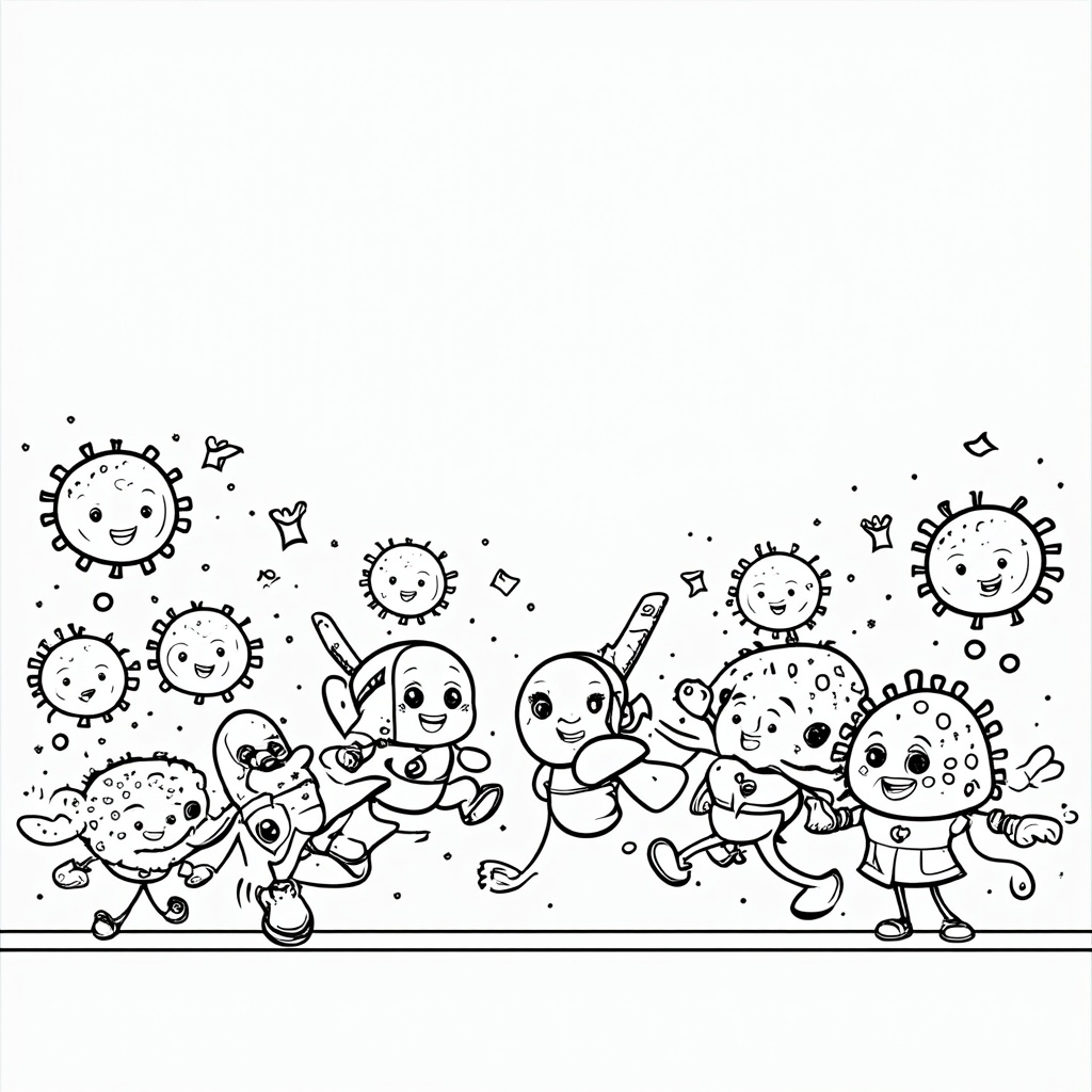 Coloring Page 5: 'Vaccine Superheroes to the Rescue!'. Create a scene with small, friendly superhero characters (representing vaccines) actively chasing away or neutralizing sad-looking, cartoonish measles virus characters. Healthy, happy body cells can be cheering in the background.