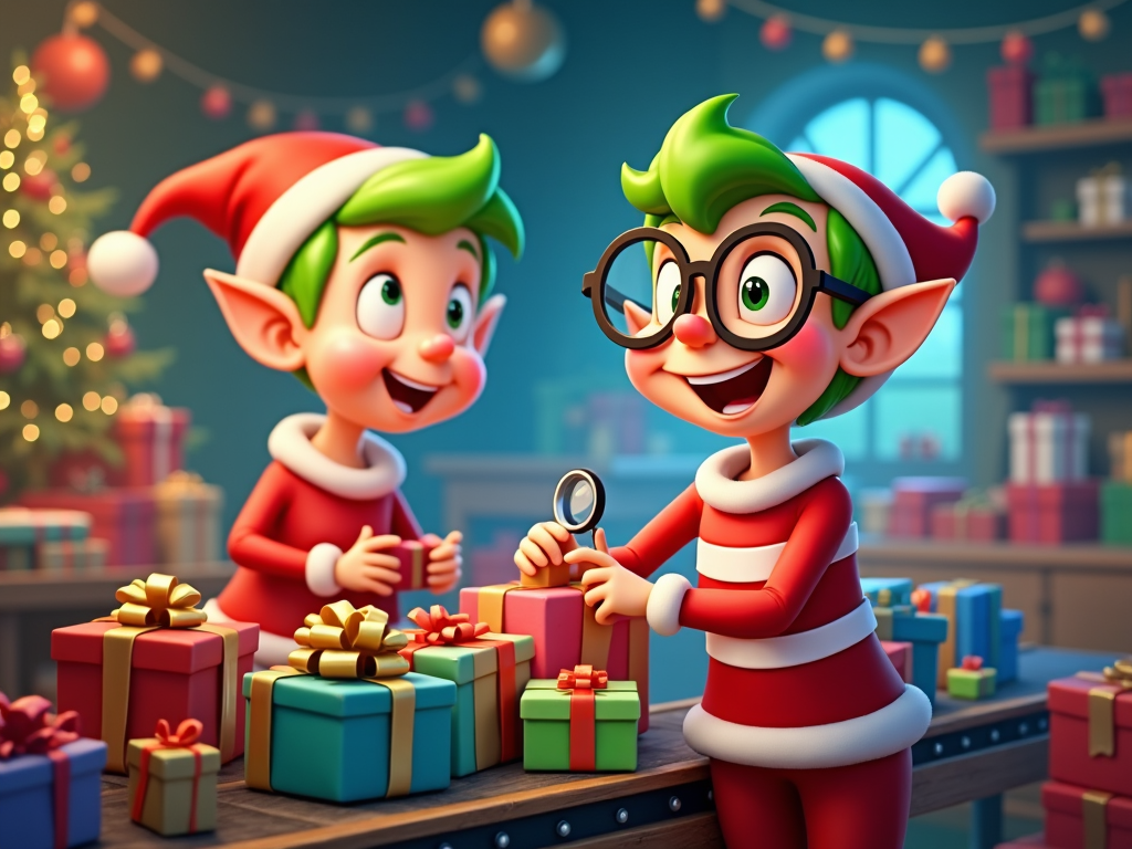 A whimsical cartoon world where Santa's elves are busily preparing gifts in a brightly colored workshop. Conveyor belts carry perfectly wrapped presents, while an elf with oversized glasses inspects toys with a magnifying glass, ensuring everything is ready for Christmas Eve.