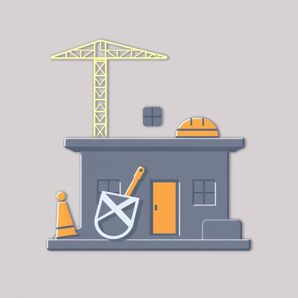 The image is an illustration of a construction site. It shows a small building with a yellow tower crane on top of it. The building has a gray exterior and a yellow door and windows. There is a shovel and a construction cone on the ground next to the building. The background is light grey. The image is in a flat, cartoon-like style.