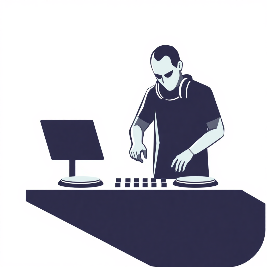 The image is a graphic illustration of a DJ playing music on a turntable. The DJ is wearing a black t-shirt and has a headset around his neck. He is standing in front of a desk with a computer monitor on it. The desk is black and the background is white. The image is in a simple, minimalist style with a blue color scheme.