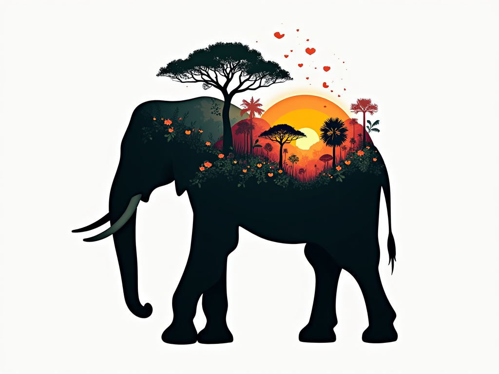 Sub-Design Idea 1: 'Growth Within' - Feature an endangered animal silhouette (e.g., an elephant) with a vibrant ecosystem—trees, flowers, and vines—flourishing within its outline. This visually represents that protecting these animals nurtures life.