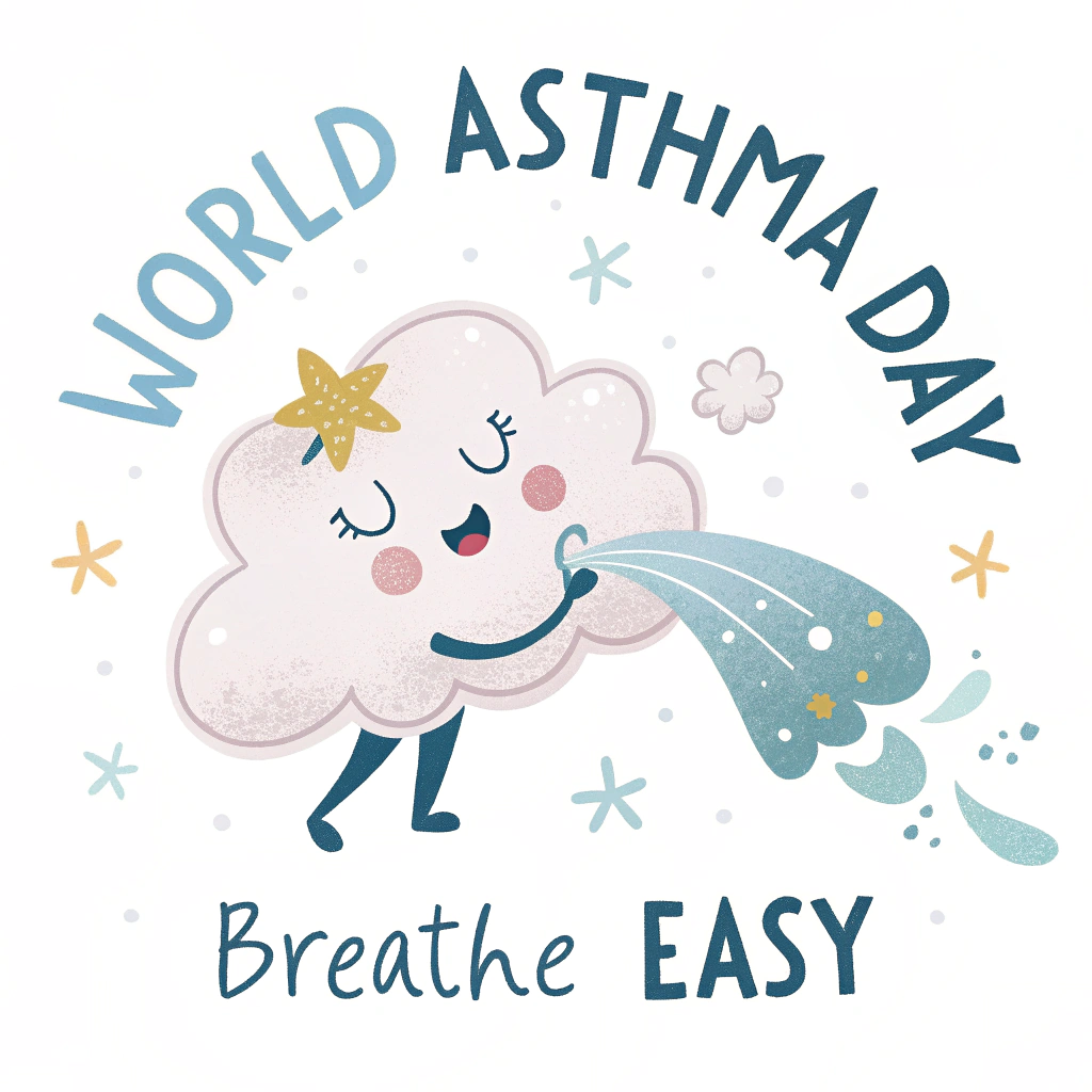 A friendly cloud character gently blowing a stream of clean air, with stars and sparkles. 'World Asthma Day' arched above and 'Breathe Easy' below.