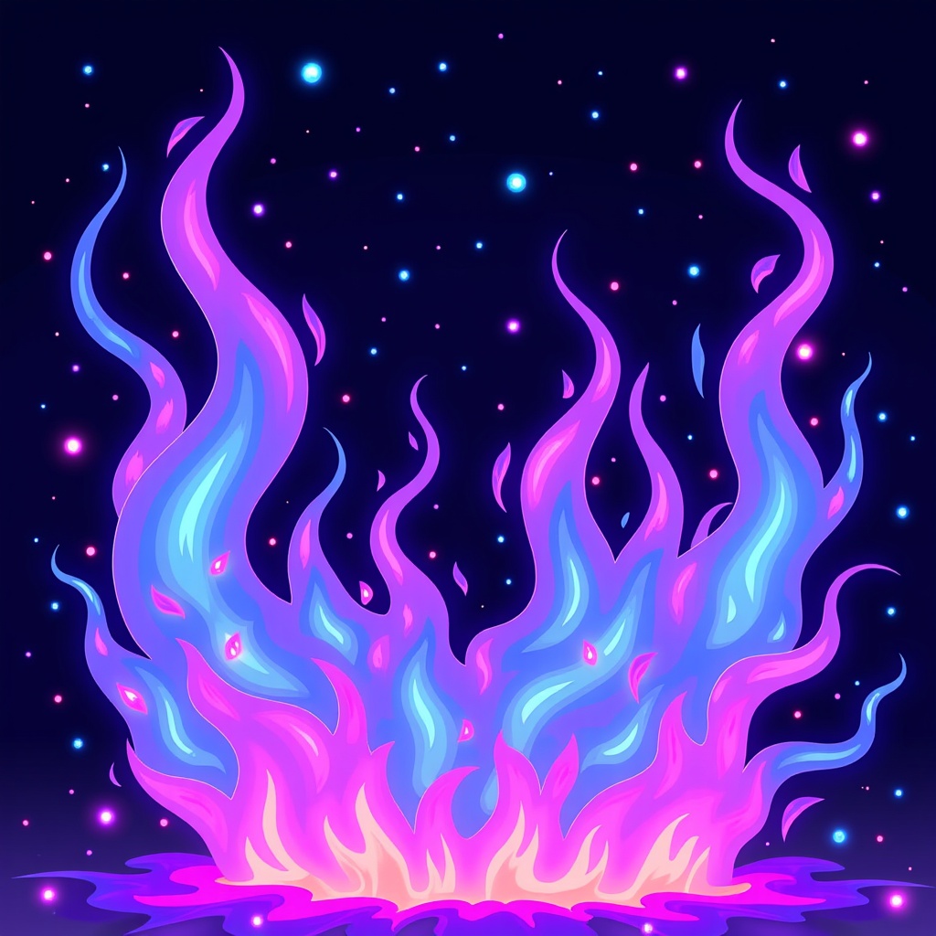 The image is a digital illustration of a fiery explosion. The background is black with small blue and pink stars scattered throughout. In the center of the image, there is a large explosion of pink and blue flames. The flames are curved and wavy, creating a sense of movement and energy. The colors are vibrant and the overall effect is dynamic and energetic.