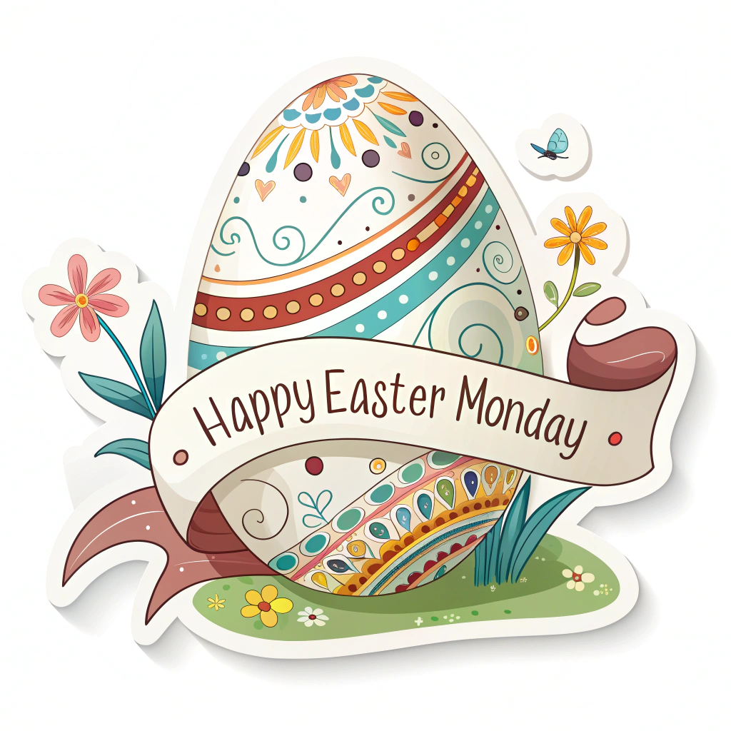 A sticker featuring a decorated Easter egg with a banner that reads 'Happy Easter Monday'.