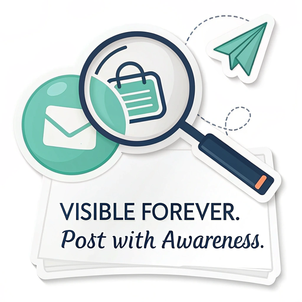 A magnifying glass hovering over a stylized 'post' icon (e.g., paper plane or chat bubble), emphasizing scrutiny. Text: 'Visible Forever. Post with Awareness.'