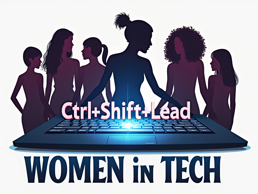 Illustrative design with diverse female silhouettes or hands interacting with technology (keyboard/laptop). The 'Ctrl+Shift+Lead' text is integrated into the keyboard design or appears as a projected hologram/text above. 'Women in Tech' is boldly lettered, conveying empowerment.
