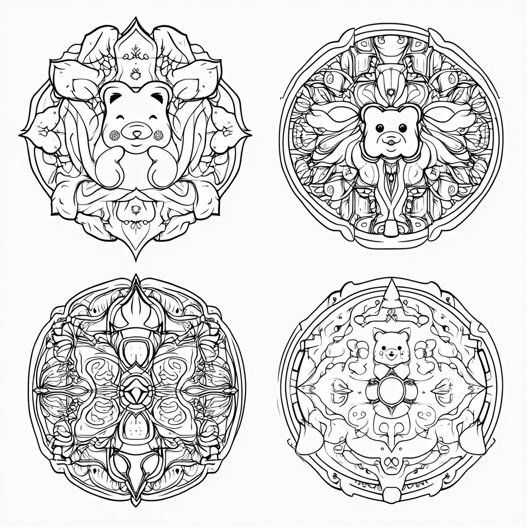 A series of mandalas, each with a distinct theme (e.g., 'Forest Gummy Mandala,' 'Ocean Gummy Mandala,' 'Cosmic Gummy Mandala'), where gummy bears are cleverly integrated as elements of that theme within the mandala's structure, surrounded by thematic intricate patterns.