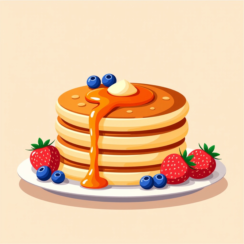 The image is an illustration of a stack of pancakes on a white plate. The pancakes are golden brown and appear to be freshly made. On top of the pancakes, there is a drizzle of orange syrup and a dollop of whipped cream. There are also a few blueberries and strawberries scattered around the plate, adding a pop of color to the image. The background is a light beige color.