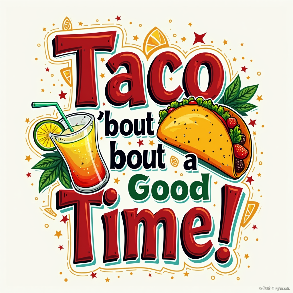 T-Shirt Design Idea 3: 'Taco 'bout a Good Time!' A playful, typographic design with the word 'Taco' creatively integrated or styled, possibly with a small taco icon. The phrase 'Taco 'bout a Good Time!' or 'Let's Taco 'bout Margaritas!' surrounding imagery of a splashing margarita.