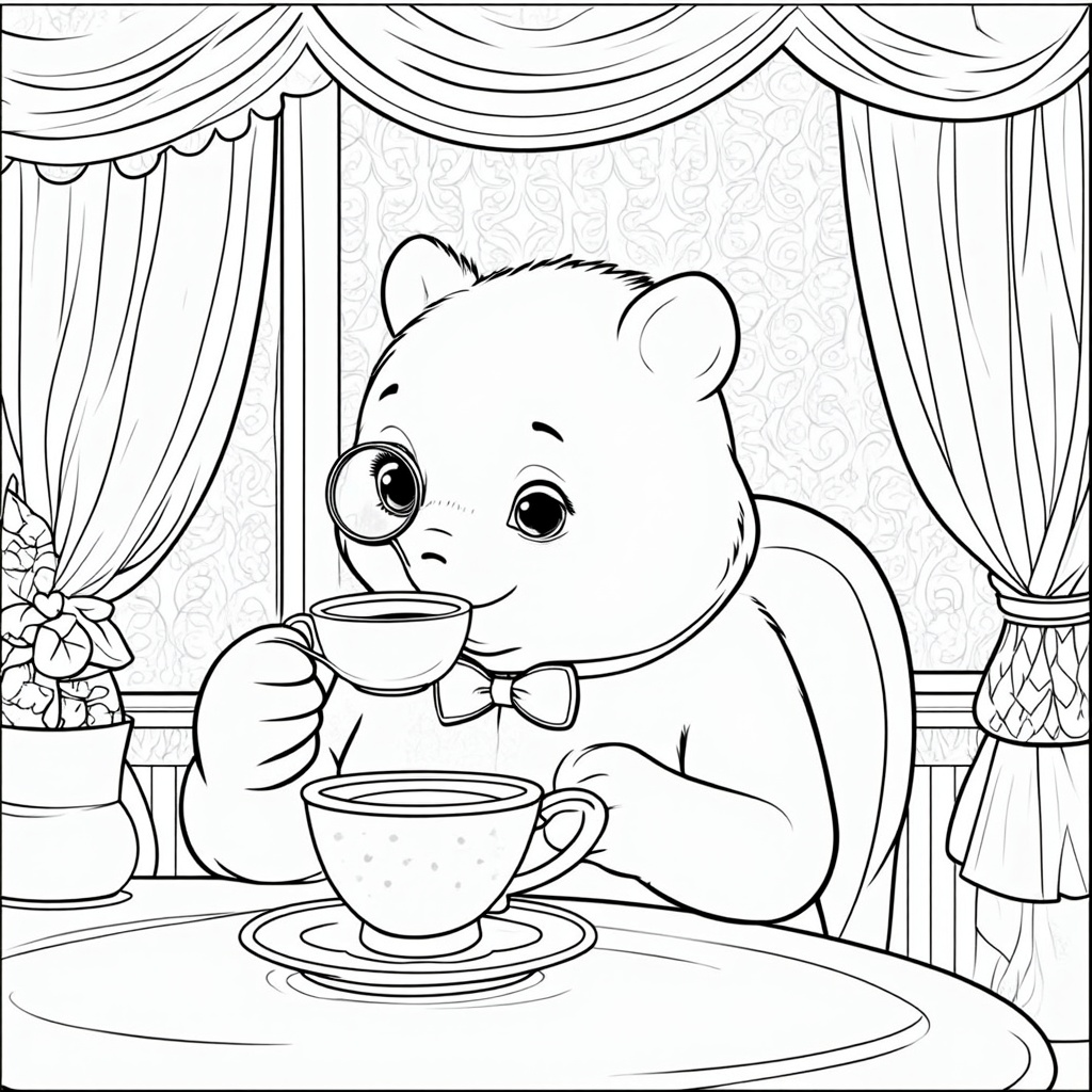 An elegant bear sipping tea in a floral-patterned room, with intricate wallpaper and curtains.