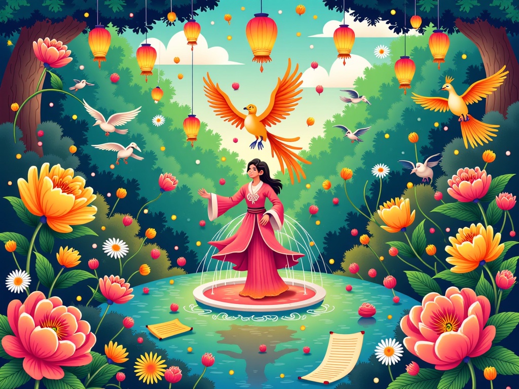 A Thousand Tales Unfurl: The garden serves as a backdrop for a narrative element. Perhaps Scheherazade is shown amidst the flora, or a magical event is unfolding. Flora might include a ‘singing rose’ or fruit that grants visions. Fauna could be actively engaged – a phoenix rising from a fountain, or birds carrying messages. Floating lanterns or magical scrolls could drift through the air, hinting at stories.