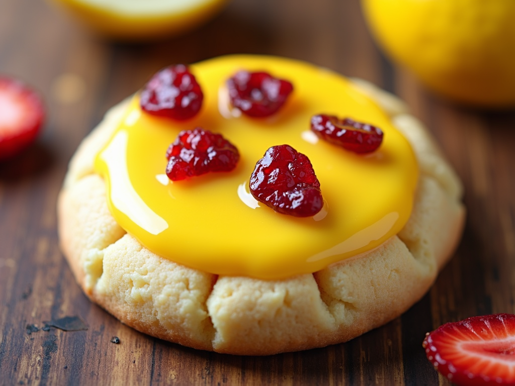 A light yellow cookie with a brighter yellow lemon glaze, topped with small pieces of dried strawberry