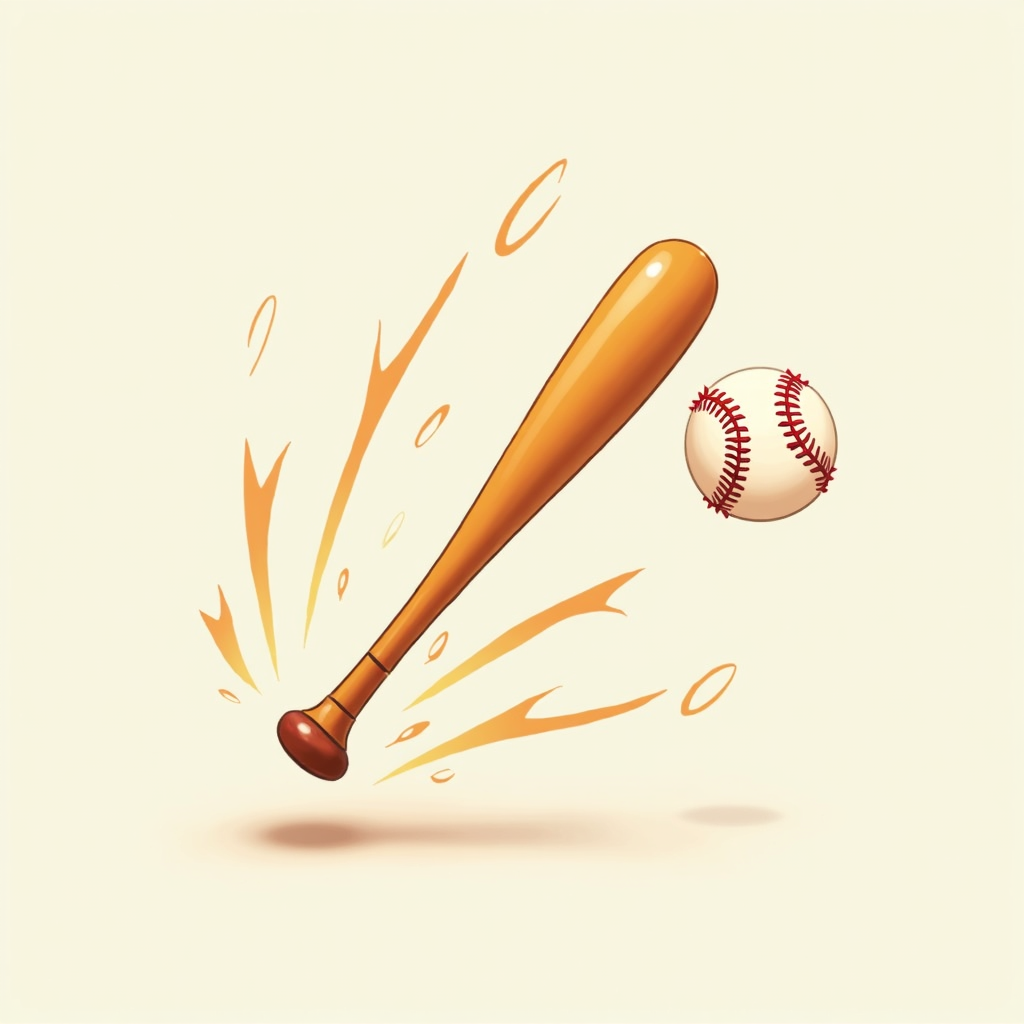 Simple Icon Idea: A compact, stylized icon of a baseball bat in an exaggerated swing motion, with dynamic speed lines and a connected baseball, designed for clear visibility at small sizes and conveying powerful action.