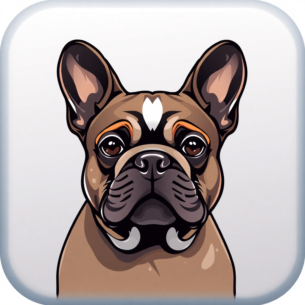 The image is a square icon with a white background. In the center of the icon, there is a portrait of a French Bulldog's face. The dog has a round head with two large ears and a small nose. Its eyes are large and round, and its mouth is slightly open, as if it is looking directly at the viewer. Its fur is a light brown color, and it has a black nose and mouth. The overall style of the image is cartoon-like, with bold lines and bright colors.