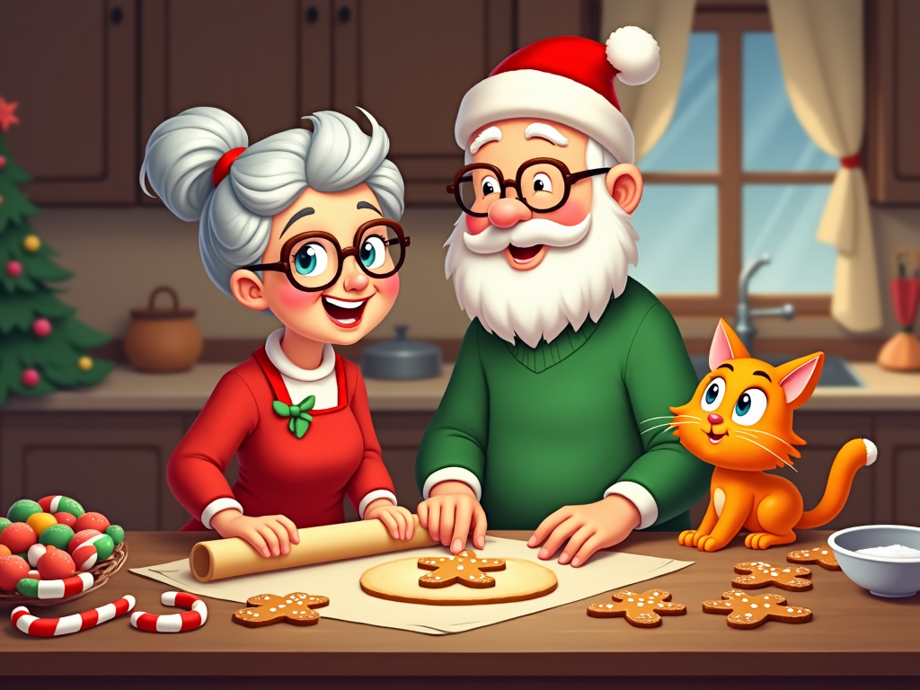 A warm holiday kitchen scene where a cartoon grandma and grandpa are baking Christmas cookies. A small table is filled with gingerbread men, candy canes, and holiday treats, while a cute animated cat watches eagerly from the counter.