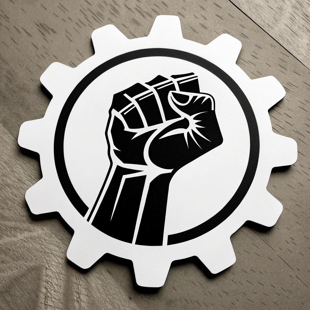 Simple Icon Idea: A minimalist icon featuring a clenched fist silhouette centrally placed within a solid gear outline, symbolizing worker strength and industrial solidarity.