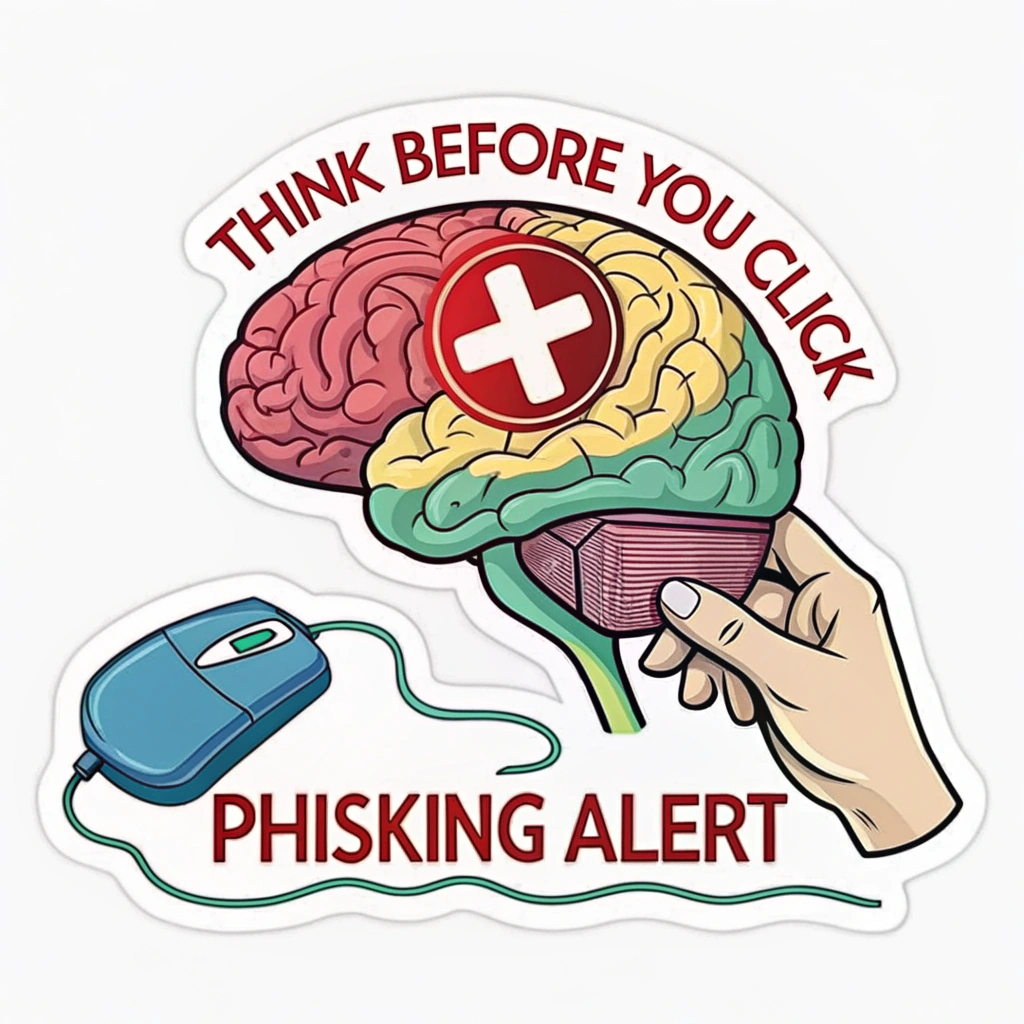 Sticker Sub-Design 2: A cross-section of a brain with a large 'pause' symbol embedded within it, next to a hand about to click a mouse. The slogan 'Think Before You Click' arches above, 'Phishing Alert' below in a cautionary color.