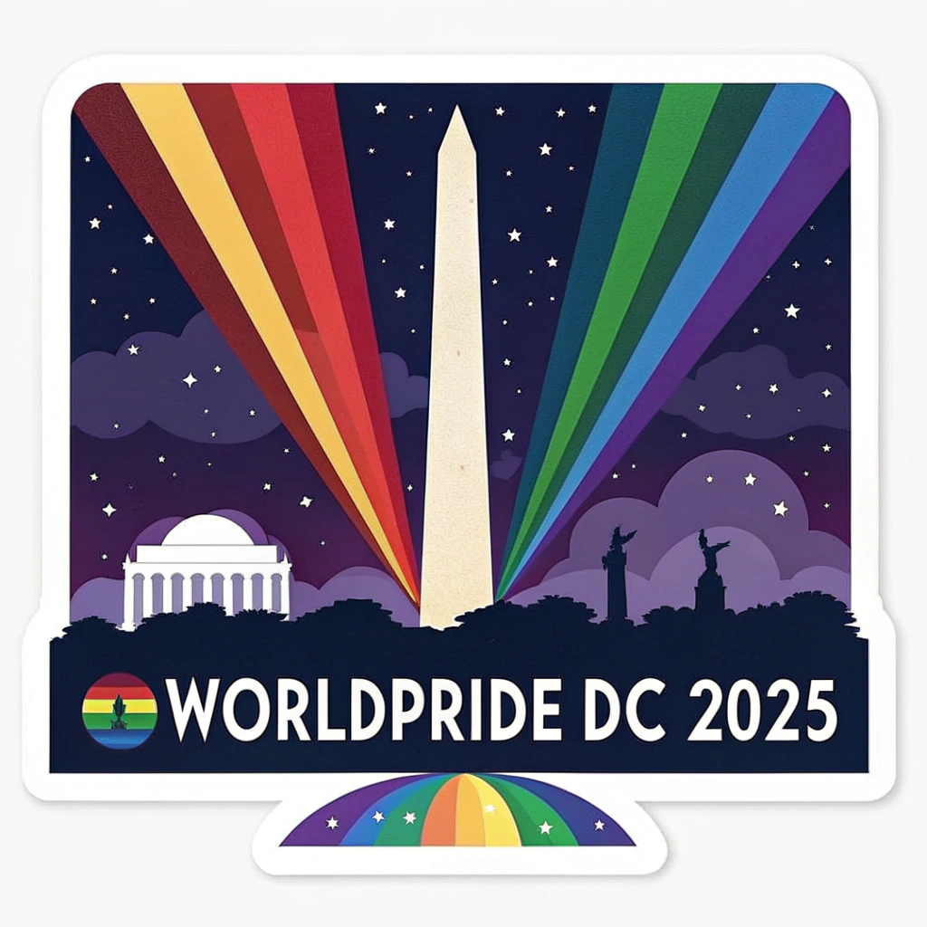 Sub-Design Idea 1: The Washington Monument silhouetted against a night sky, with beams of light in the six Rainbow Pride flag colors projecting from its peak. Text: 'WorldPride DC 2025'.