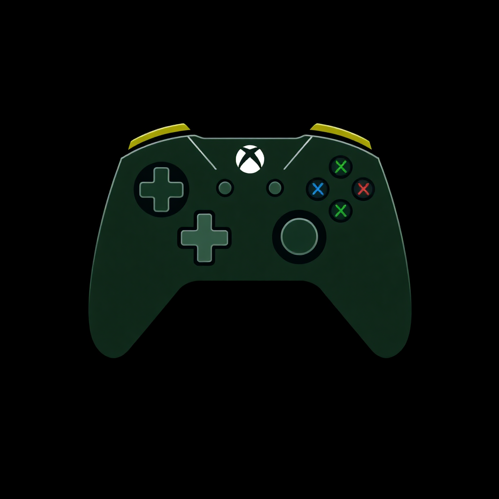 The image is a digital illustration of a gaming controller. The controller is green in color and has a black background. It has a round base with four buttons on the top, two on the left side, one on the right side, and three on the bottom. The buttons are arranged in a grid-like pattern, with a plus sign in the center. There are also two red and green buttons on either side of the plus sign. The top of the controller has a yellow stripe running along the edge. The overall design is simple and minimalistic.