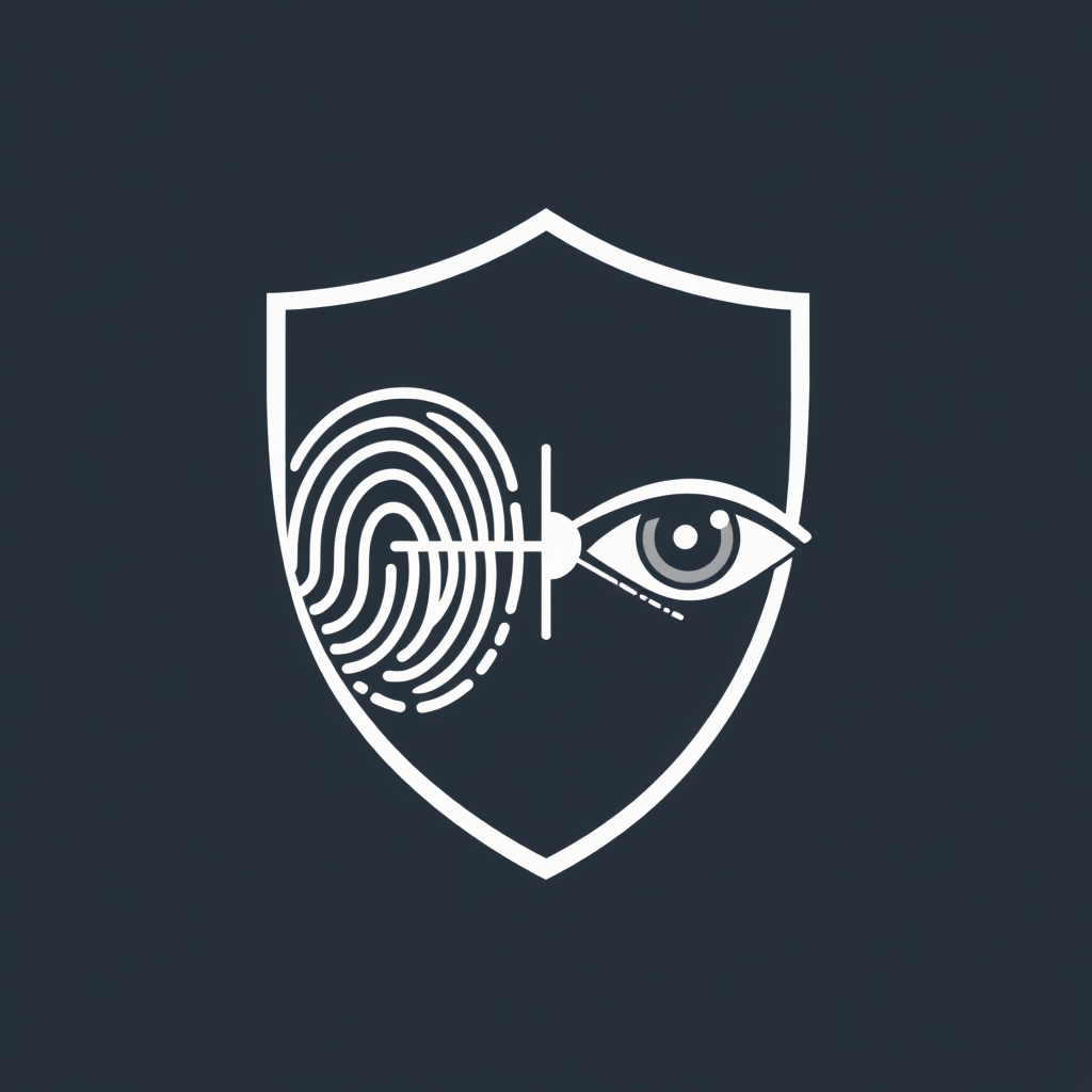 Sub-design 3 (Dual-Factor Shield): A shield-shaped icon split diagonally. One segment displays a clear, digitized fingerprint section. The other segment shows a stylized, watchful eye. A sleek, modern interface line connects the two, highlighting the synergy of biometric access components.