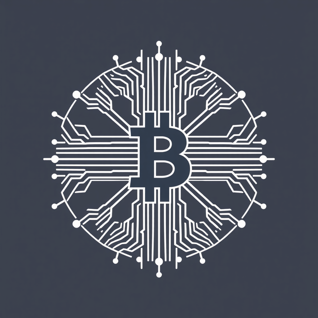 Minimalist Bitcoin Circuit/Network: A highly stylized, symmetrical depiction of a circuit board pattern or network paths using only straight geometric lines and possibly 45/90 degree angles. Symmetry can be radial or mirrored. This alludes to Bitcoin's technology and inherent network security. The design remains minimalist by simplifying the pattern to a core symmetrical node and a few key connections. A 'B' might be integrated into the node's structure or negative space.
