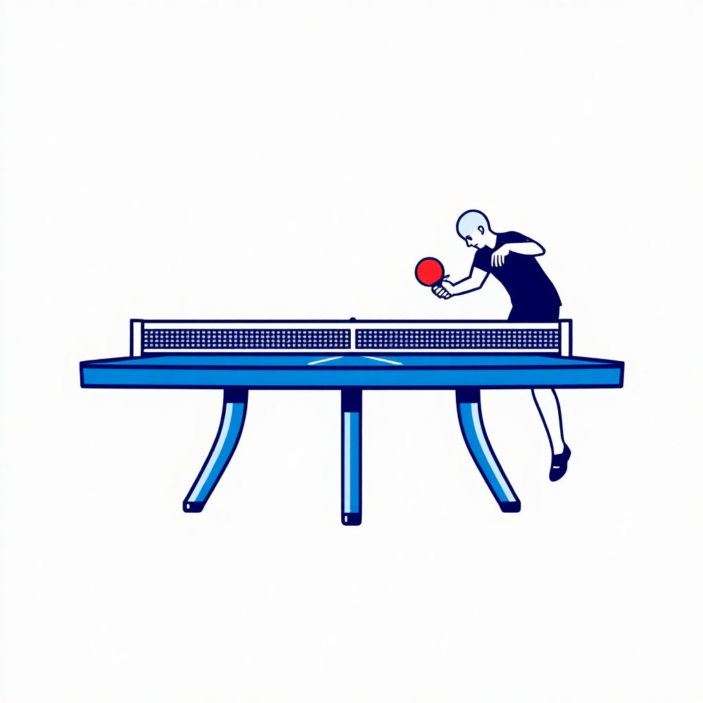 The image is a blue illustration of a ping pong table. The table is rectangular in shape and has four legs. On top of the table, there is a net. A person is playing table tennis, holding a red ping-pong paddle and in the process of hitting the ball. The person is wearing a black shirt and shorts and is in mid-air, with their body slightly bent forward. The background is white.