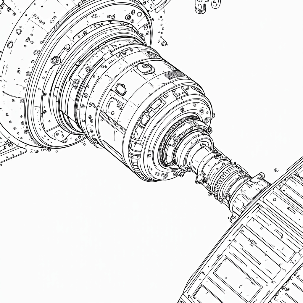 Coloring Page: A close-up view of the Starliner module as it aligns with an ISS docking port. Focus on the mechanical details of the docking mechanism on both spacecraft, with guide markings visible.