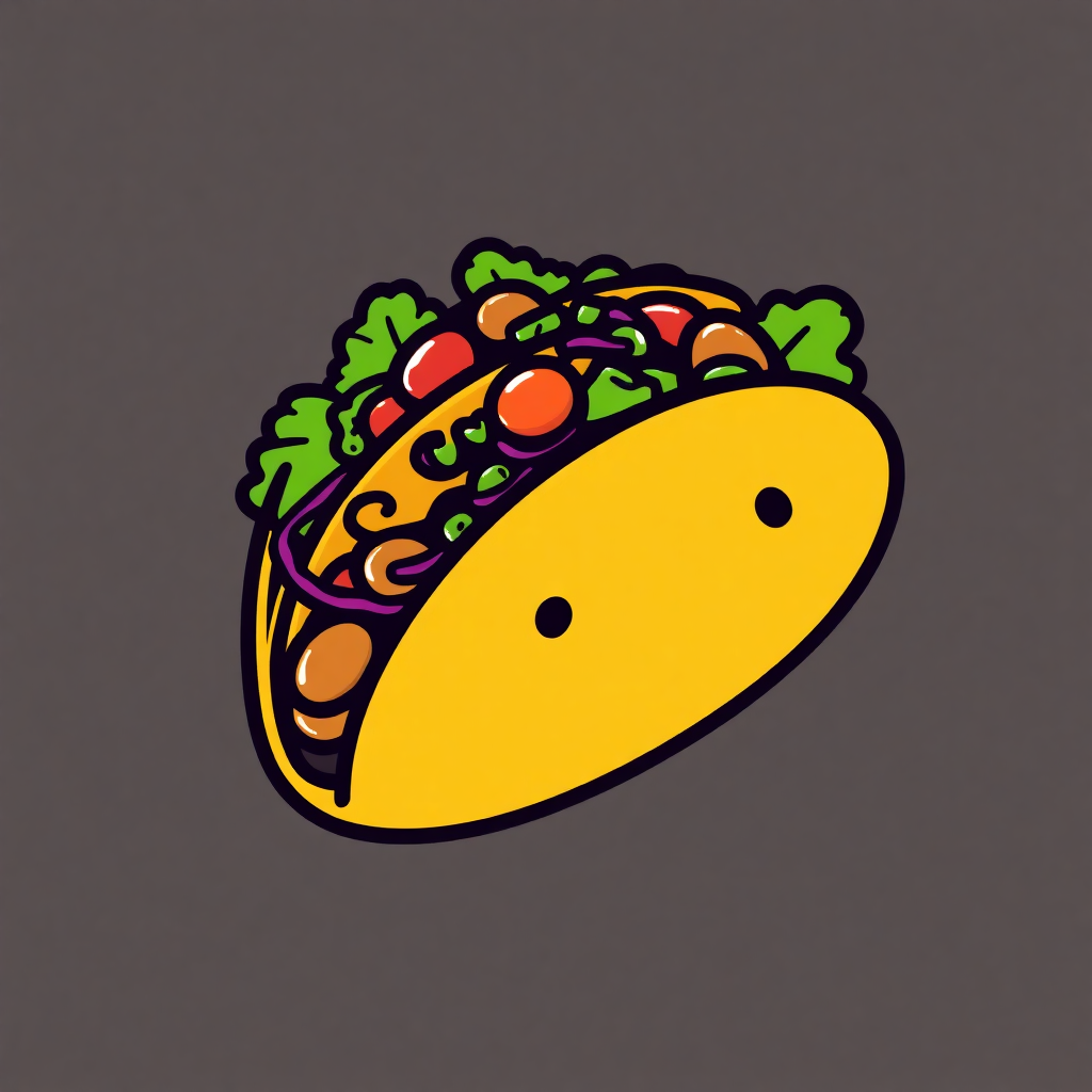 The image is a digital illustration of a taco. The taco is yellow in color and has a round shape with two small holes in the center. It is filled with various ingredients such as lettuce, tomatoes, onions, and beans. The ingredients are arranged in a colorful and appetizing manner. The background is a solid grey color.