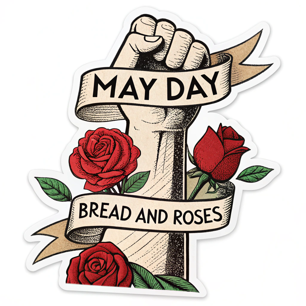 Sub-design 1 (Rose & Fist): A sticker design featuring a bold, stylized socialist rose held firmly in a raised fist. The slogan 'Bread and Roses' is incorporated as a banner wrapped around the arm or below the fist. 'May Day' prominently displayed, perhaps above the image.