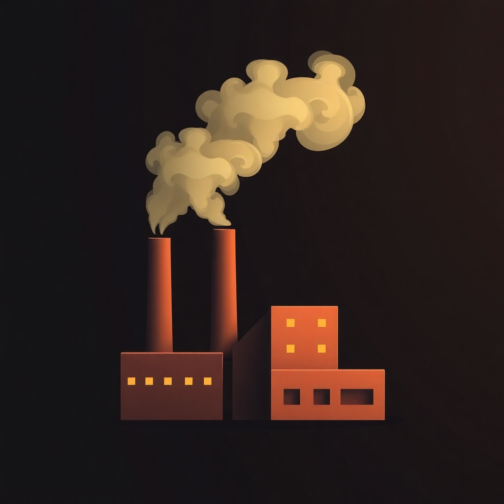 The image is an illustration of a factory with three tall chimneys. The chimneys are orange in color and have small windows on the sides. Above the chimneys, there is a large plume of white smoke that is billowing up into the sky. The background is black, making the orange chimneys stand out. The overall mood of the image is dark and ominous.